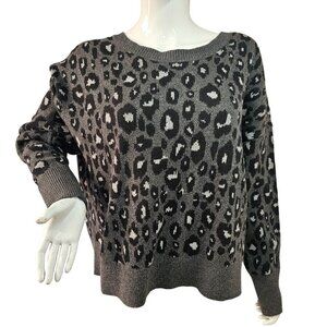 Lucky Brand Animal Print Sweater Women XL Black on Gray Long Slv Cotton Blnd NEW